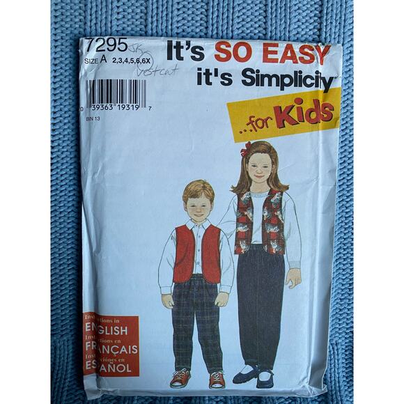 Simplicity 7295 Sewing pattern kids vest pants size 2 3 4 5 6 6x - Picture 1 of 5